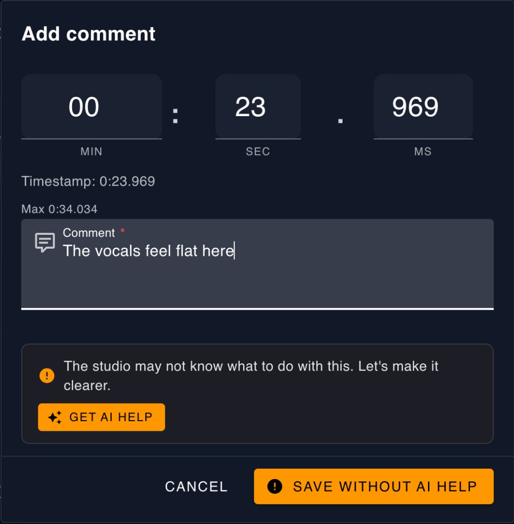 Add comment form with a vague note and Get AI help prompt
